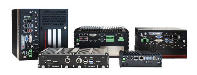 Cinque computer embedded fanless di taglie diverse, con dissipatore alettato e pannello connettori frontale