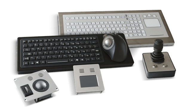 Tastiere industriali in acciaio e in gomma, trackball, touchpad e joystick da pannello