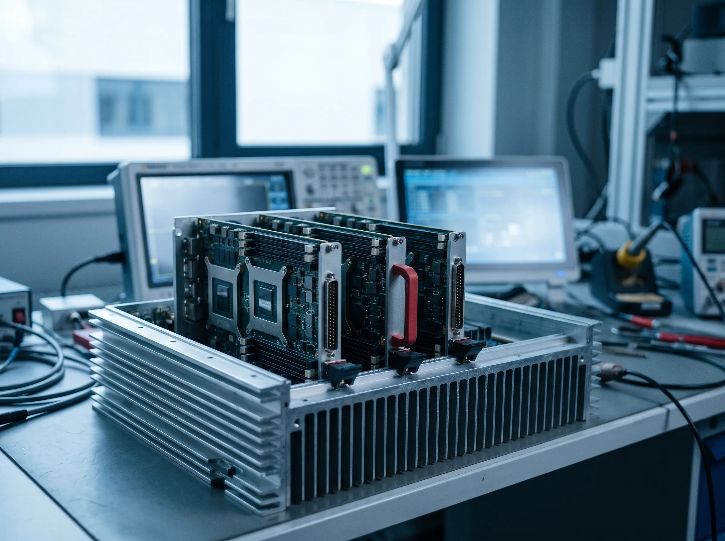 Cassetto rugged aperto sul banco con schede in formato Eurocard estratte a metà, in laboratorio