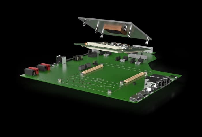 Vista esplosa: la carrier board in basso, il modulo COM-HPC sopra, il dissipatore in cima