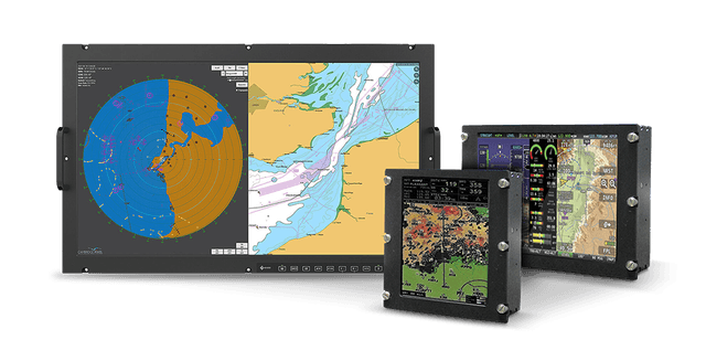 Tre display rugged da incasso di diagonali diverse con schermate radar e di navigazione