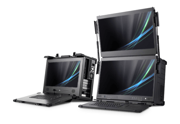 Tre server e workstation portabili con schermo e tastiera integrati, uno a doppio schermo