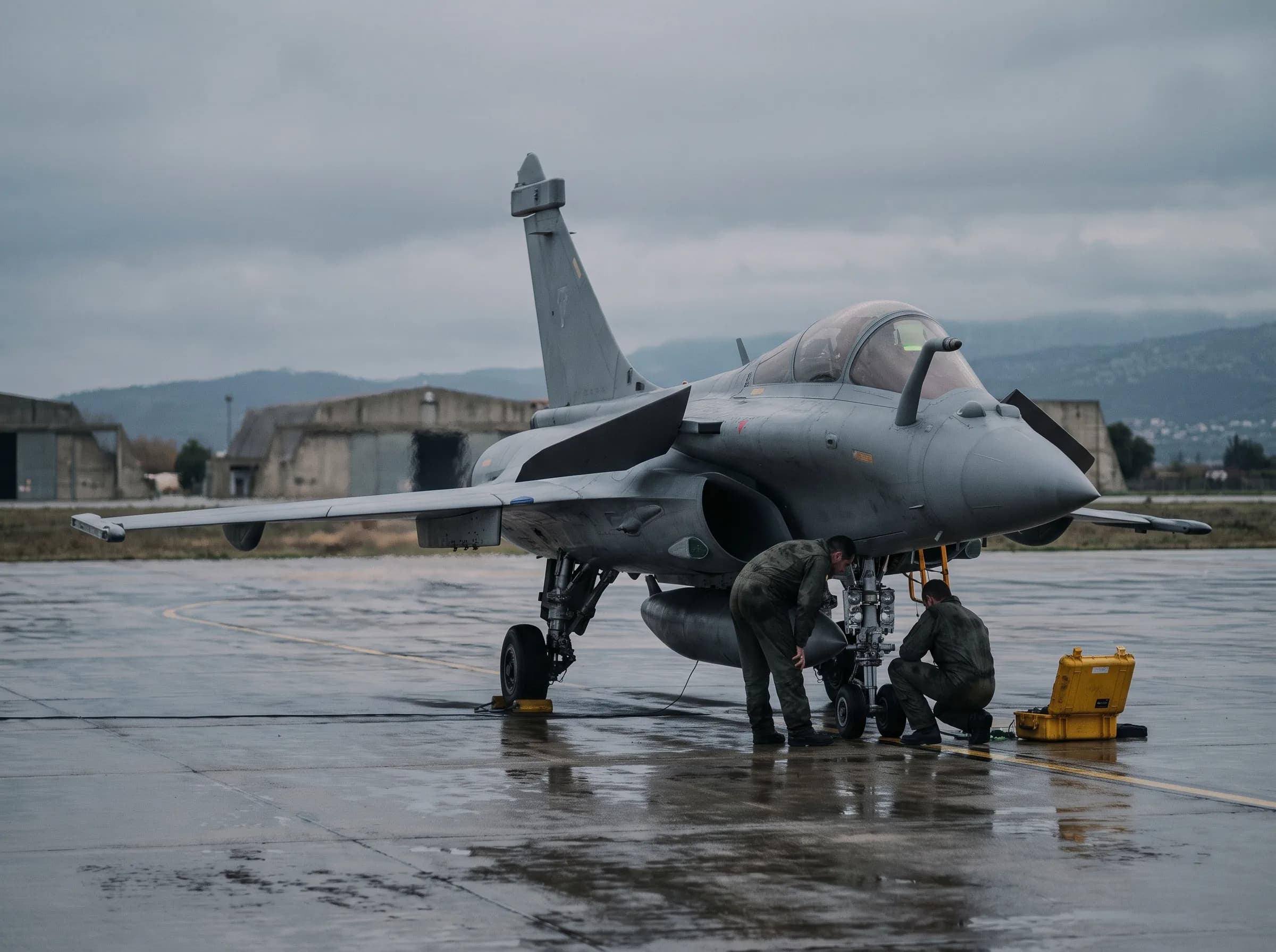 Velivolo militare in hangar, sistemi di missione a bordo