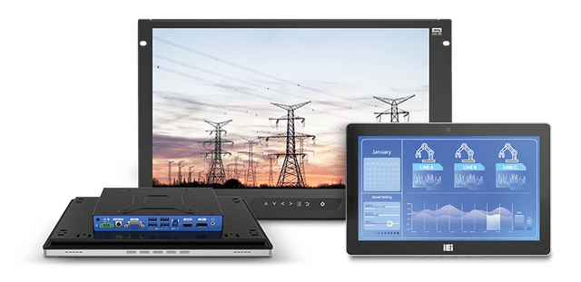 Tre monitor industriali di diverso formato, da pannello e da incasso, con schermate di supervisione di linea